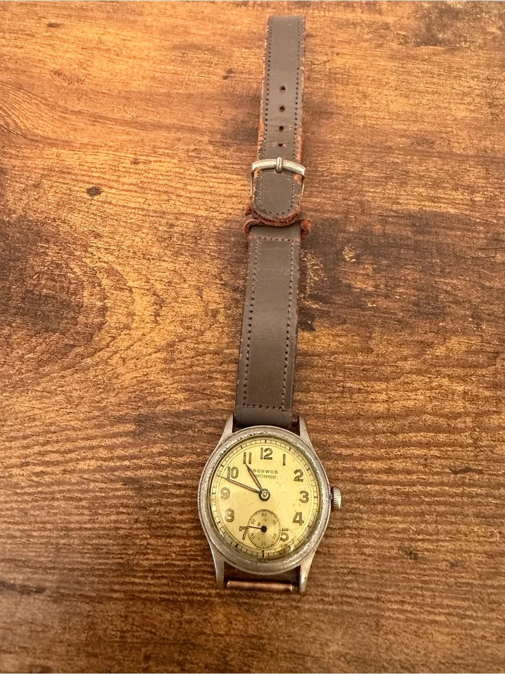 Schwob Vintage 1940s Hand Wind Watch Running Sub Seconds Military Style Mens